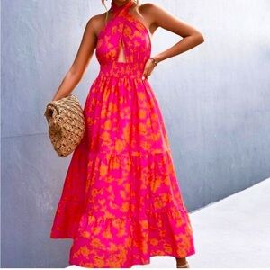 Boho Floral Shirred Waist Ruffle Hem Maxi Dress